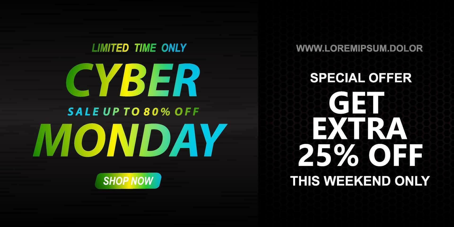 Cyber monday sale with neon green to bright blue gradient color typography on black textured background vector