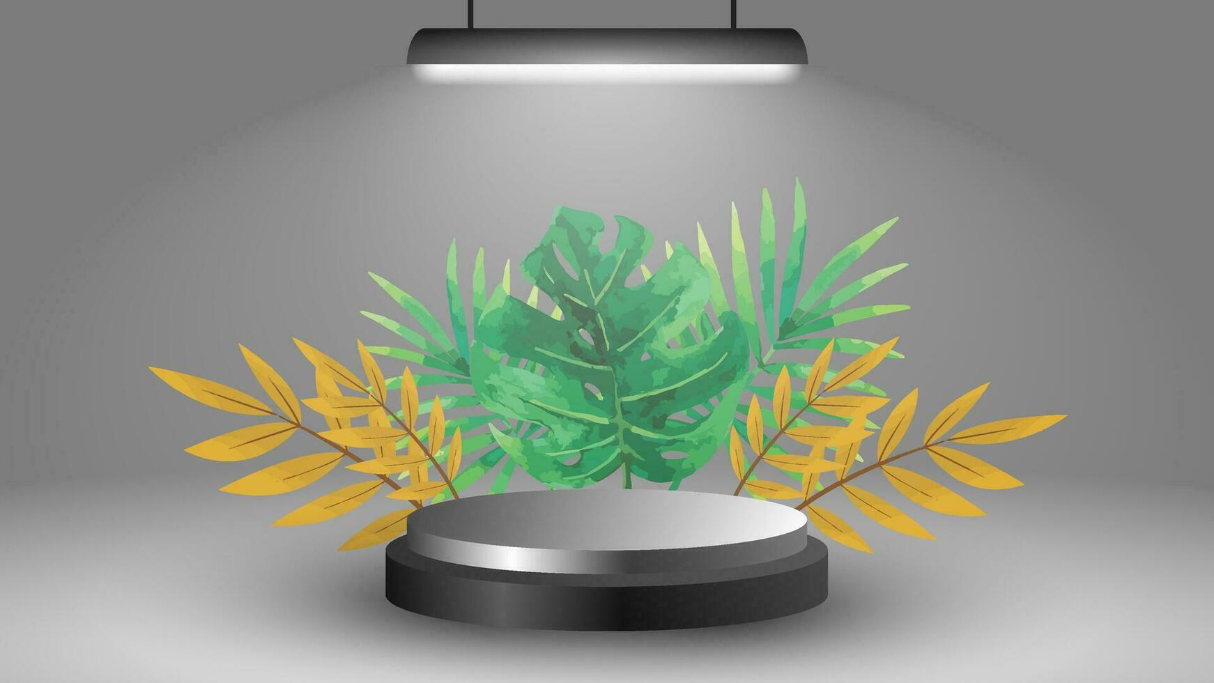 Abstract white 3D room with realistic white cylindrical pedestal podium set and shadow overlay of palm leaves. Minimal scene for product display presentation. Vector geometric platform.