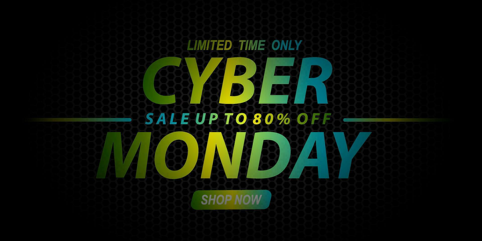 Cyber monday sale with neon green to bright blue gradient color typography on black textured background vector