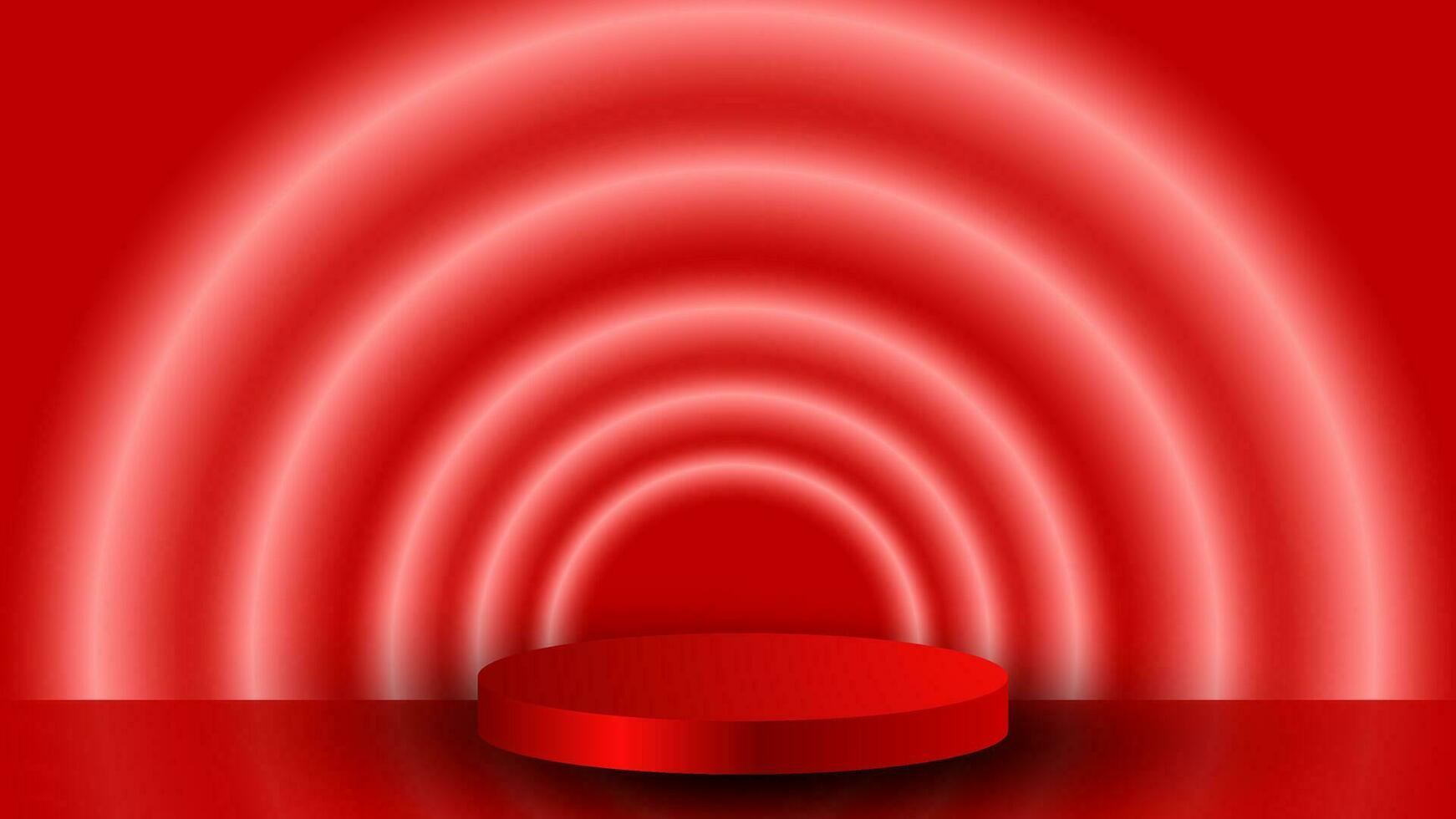 3D abstract studio room with pedestal podium. Red and pastel geometric platform with overlapping circles background. Modern minimal scene for cosmetic product demonstration. Showcase, Showcase vector