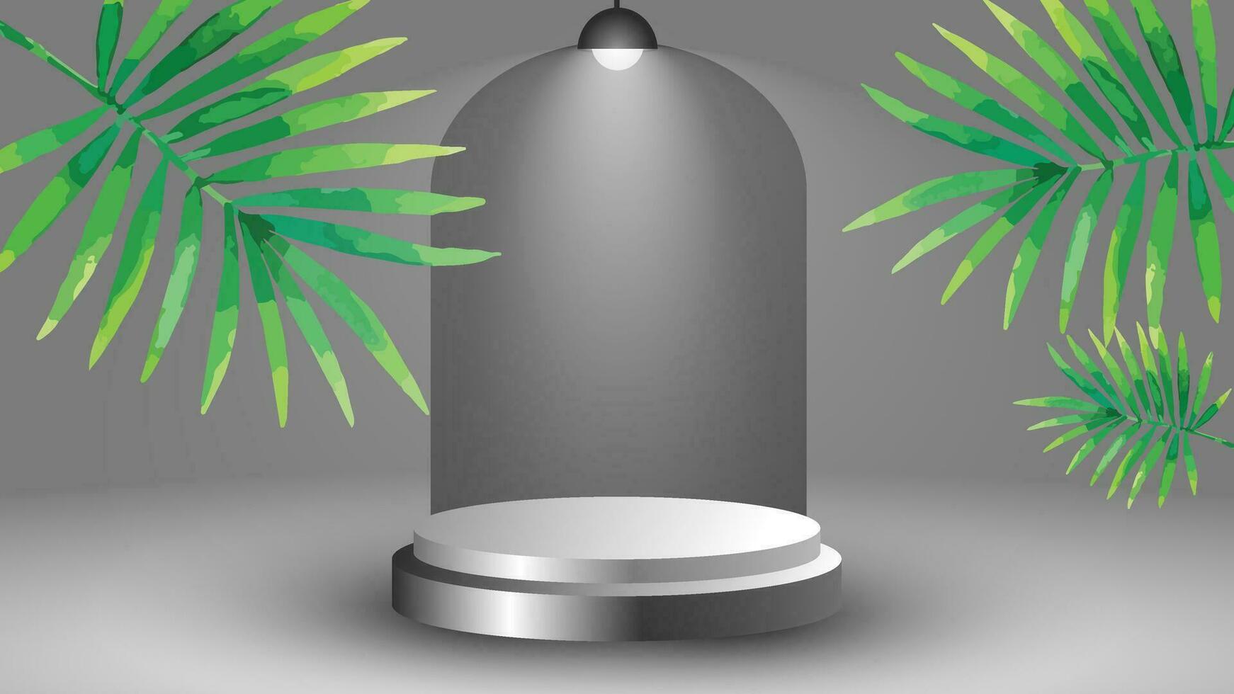 Abstract white 3D room with realistic white cylindrical pedestal podium set and shadow overlay of palm leaves. Minimal scene for product display presentation. Vector geometric platform.