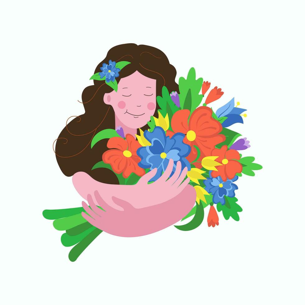 joven mujer con un ramo. niña con flores de la madre día, Felicidades. De las mujeres día. vector ilustración en un blanco aislado antecedentes.