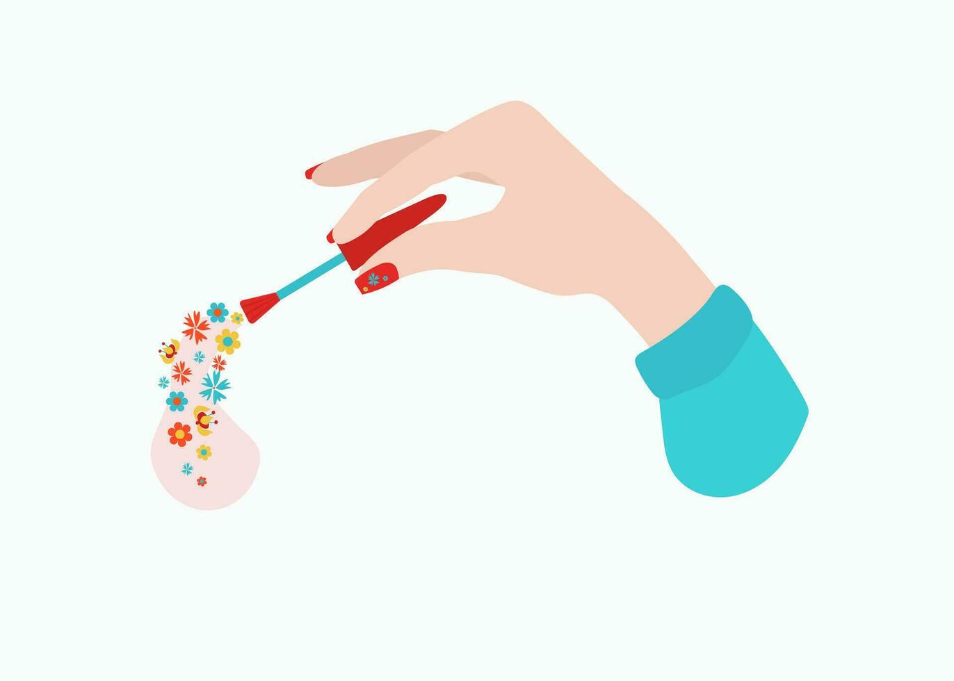 Hand with  manicure. Women's hand. Nail decor, flower drawings. Nail design. Nail polish and brush for manicure. vector