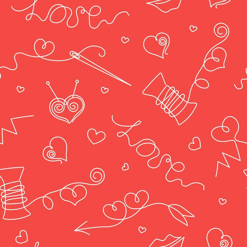 Thread pattern, needles, hearts, spools of thread in line art style. Funny sewing patterns for gift wrapping, textiles, wallpapers. Vector seamless background.