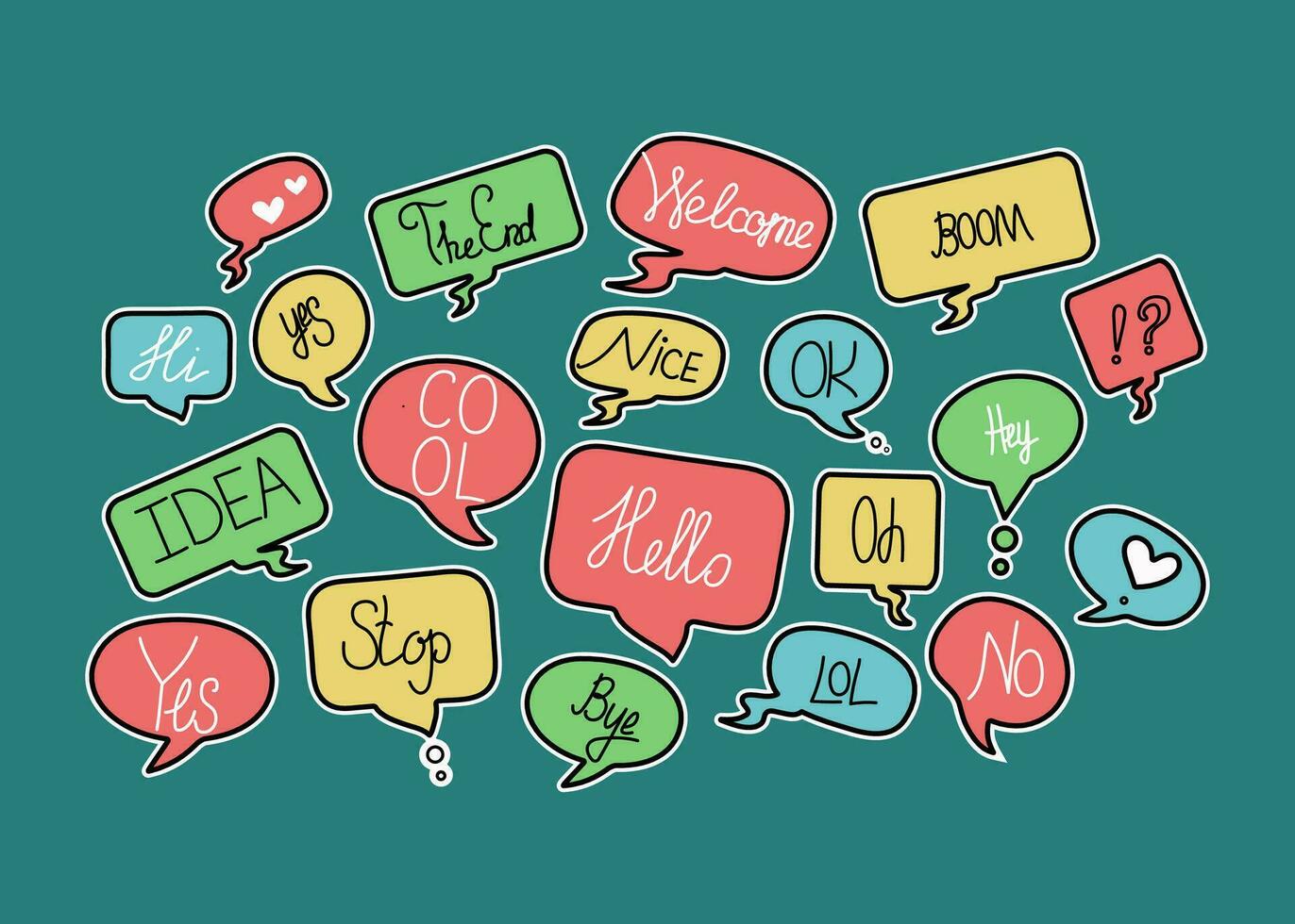 Speech bubbles, Stickers. Short phrases, speech bubble. Vector illustration, isolated background.
