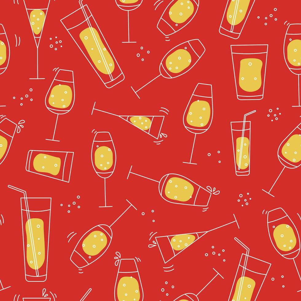 Pattern Wine glasses. Glass goblets with alcoholic drinks, wine. Champagne, holiday. Doodle style. Seamless background. Vector graphics.