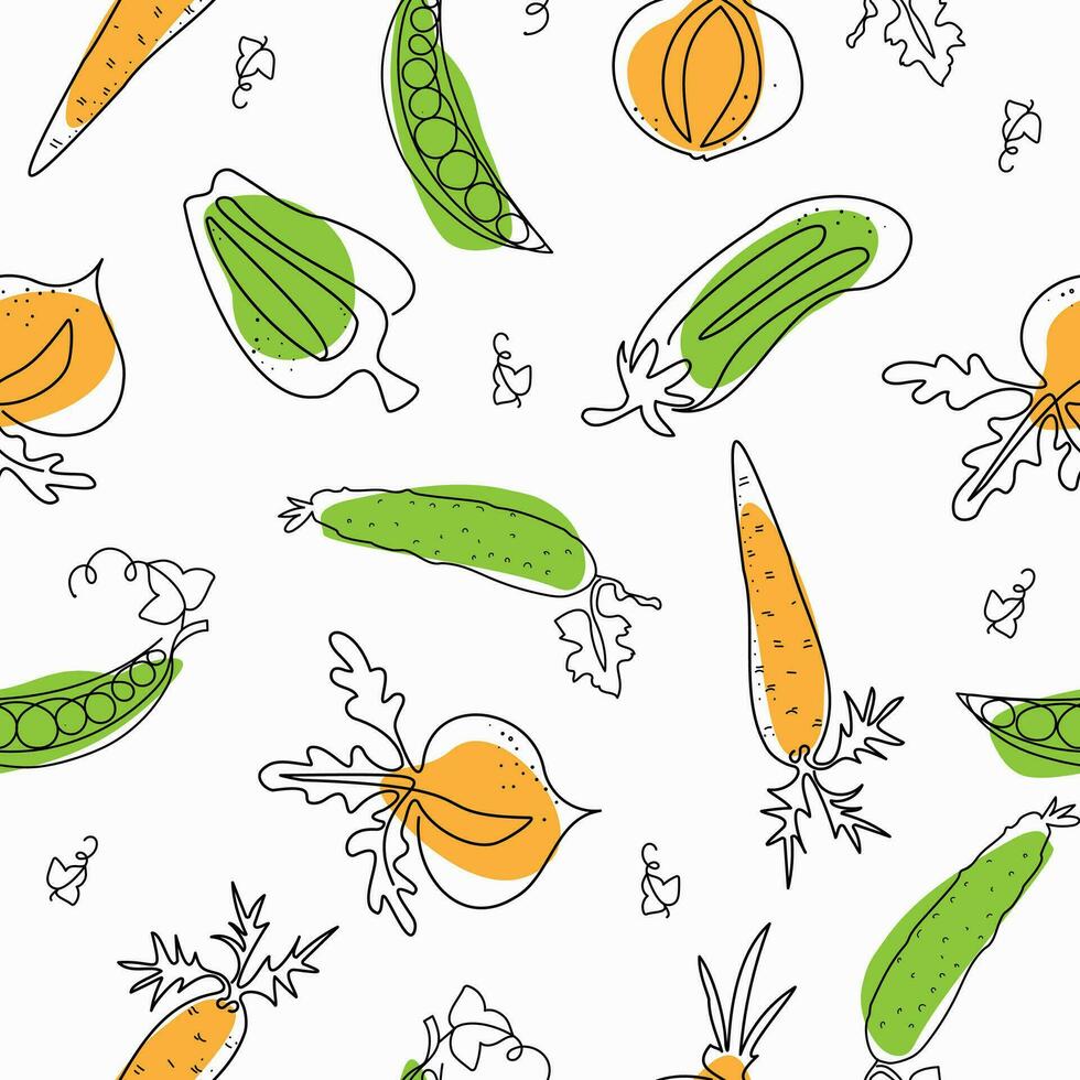 Vector pattern vegetables. Vegetarian food, World Vegan Day. Seamless  background with line art drawings.