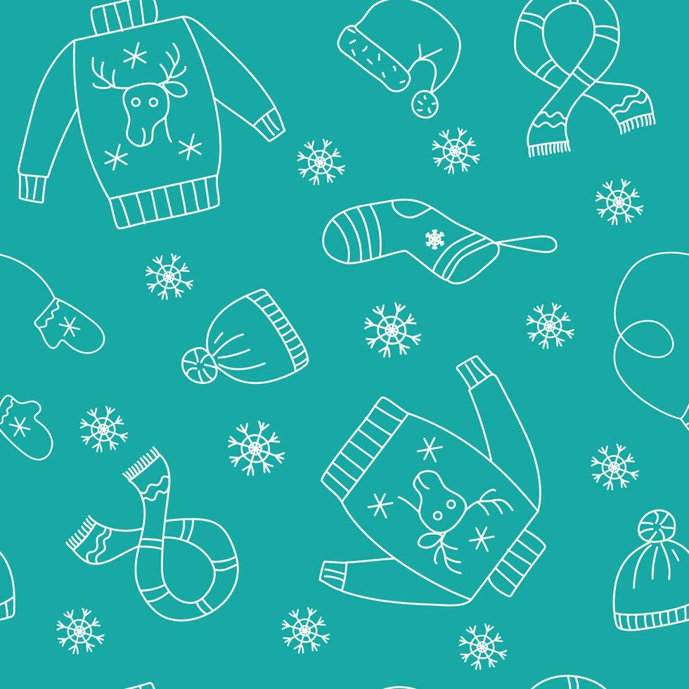 vector invierno ropa modelo. de punto suéter, sombrero, bufanda, medias. Navidad, nuevo año. gracioso dibujos para regalo envase, textiles. vector sin costura antecedentes.