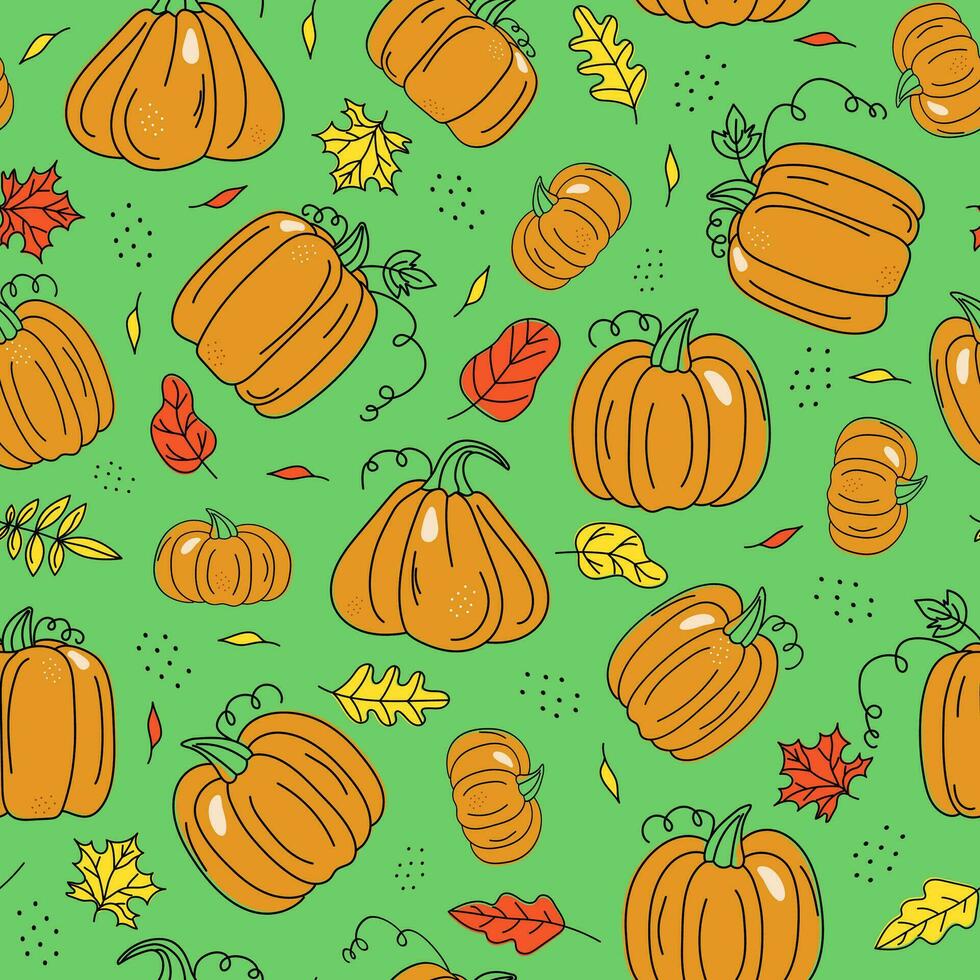 Set of vegetables and autumn leaves, pumpkin drawings. Outline drawing, scribbles, colored spots. Harvest, food. Autumn season. Holiday decor Halloween, Thanksgiving. Vector seamless pattern.