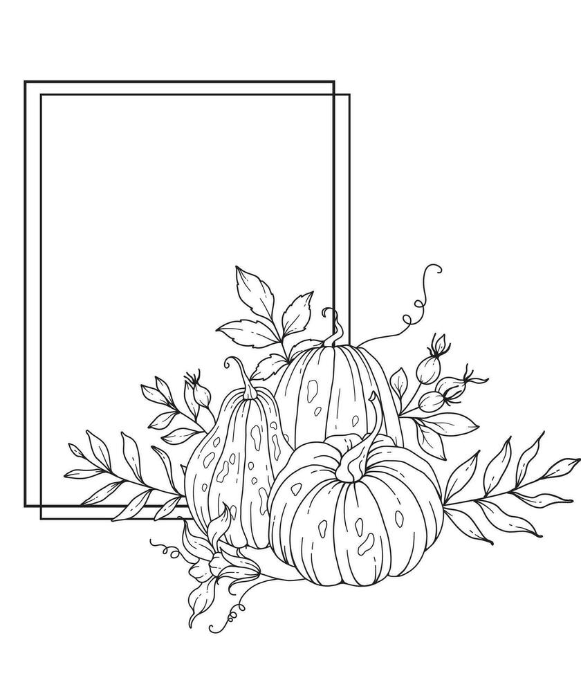 Thanksgiving Frame Outline. Pumpkins Line Art Illustration, Outline Pumpkin arrangement Hand Drawn Illustration. Coloring Page with Pumpkins.  Thanksgiving Pumpkins set vector