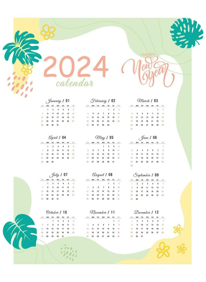 calendar year 2024 the theme of leaves and nature. Sunday starts on Sunday. Simple calendar layout. Desk planner template with 12 months. Annual diary. Vector illustration