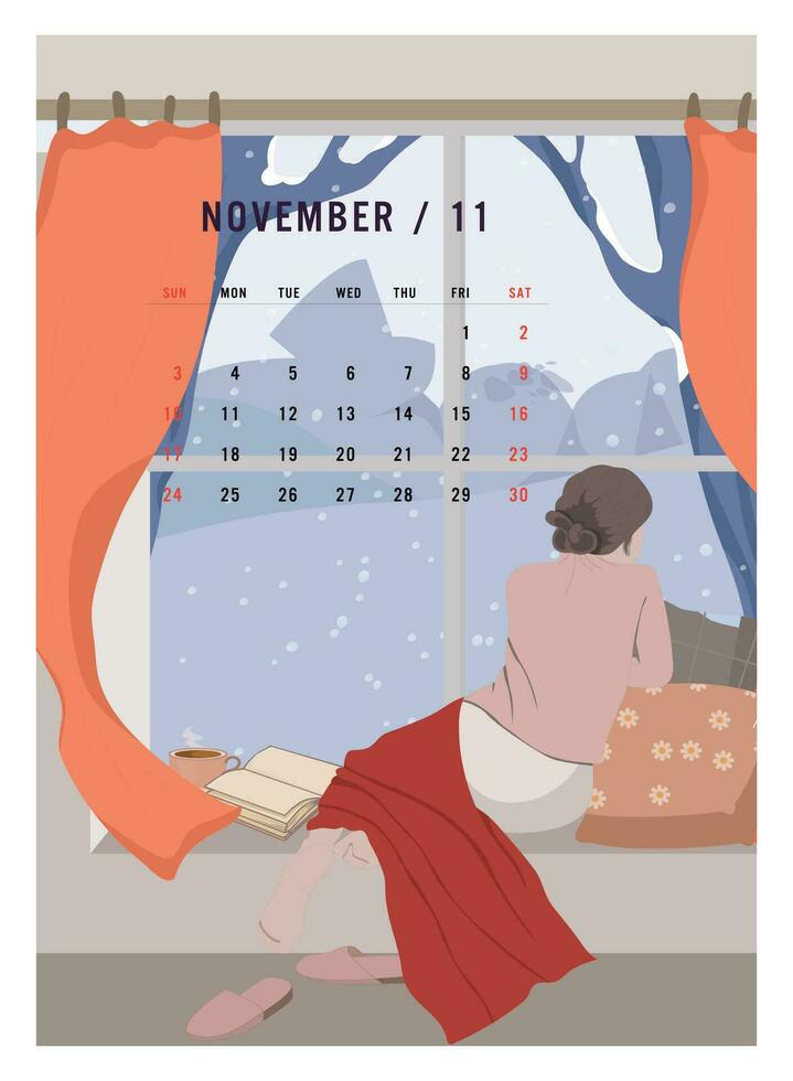 Woman reading book and sitting at winter window. November 2024 calendar, Cozy winter vector illustration