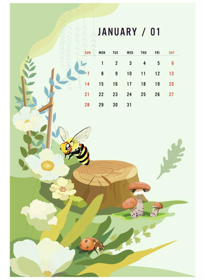 various flowers with cute bee cartoon and nature isolated on january 2024 background vector illustration.