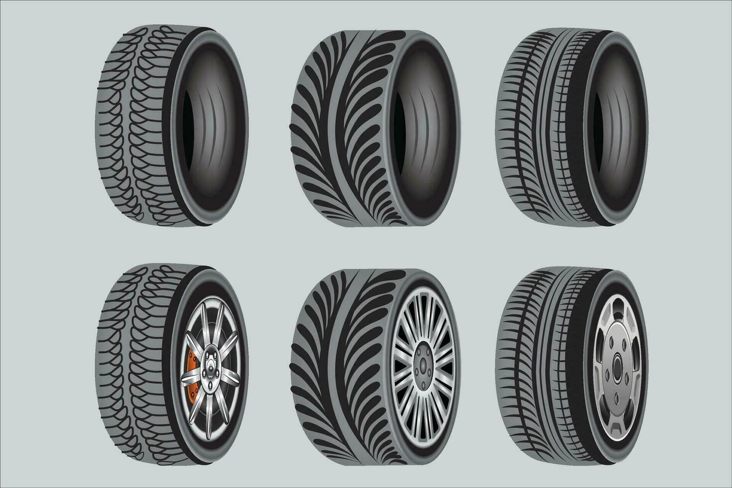 Car tires and tire tread patterns vector.various car tires, car outer tires vector