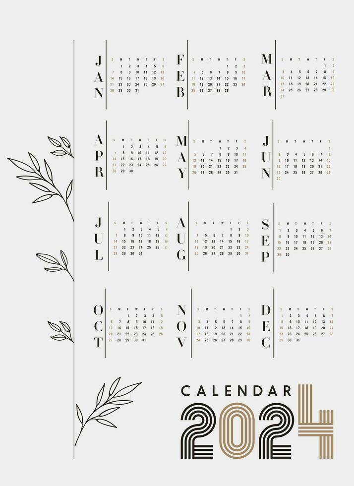 calendario año 2024. el semana empieza en domingo. sencillo calendario disposición. escritorio planificador modelo con 12 meses. anual diario. hoja y sencillez tema. vector ilustración