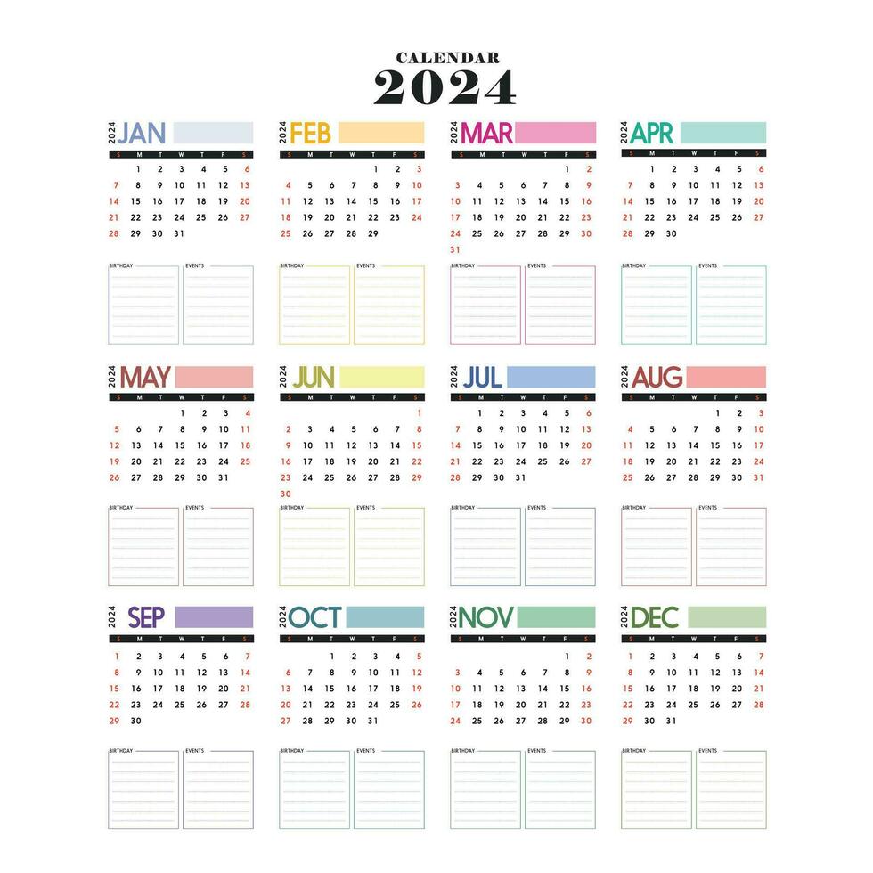 Vector 2024 calendar, 2024 calendar, or 2024 wall calendar 2024 calendar template with minimalism. Good for planner, timetable, timetable, diary, etc. can be cut into 12 sheets