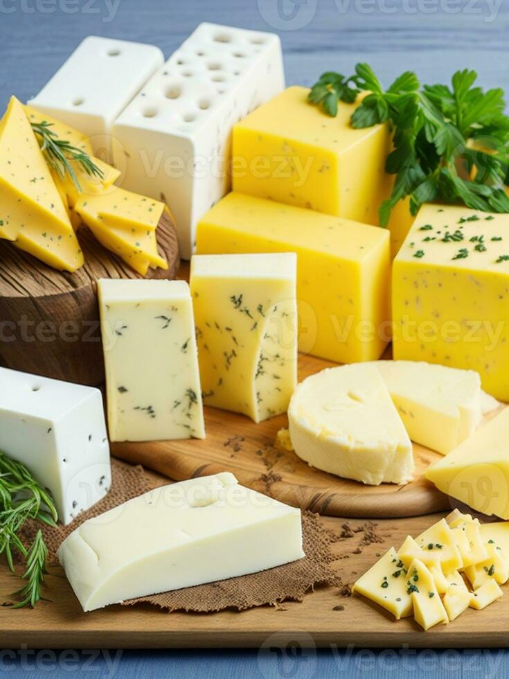 Cheese collection, variety of types of cheese with herbs and spices photo
