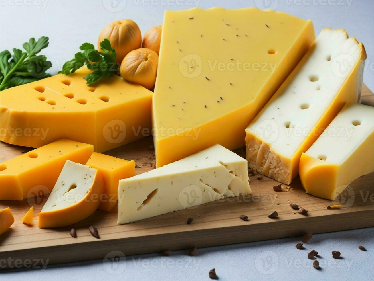 Cheese collection, various types of cheese and nuts on wooden board photo