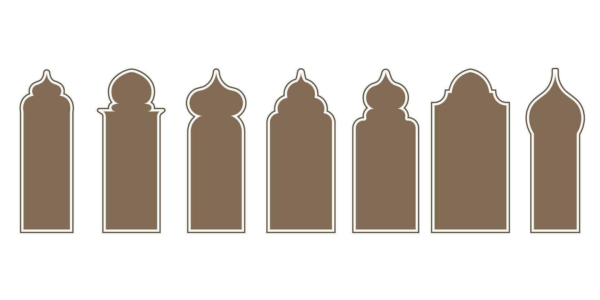 Collection of arabian oriental windows, arches and doors. Modern design for frames, patterns, backgrounds. Mosque dome and lanterns Islamic ramadan kareem and eid mubarak style. Vector illustration