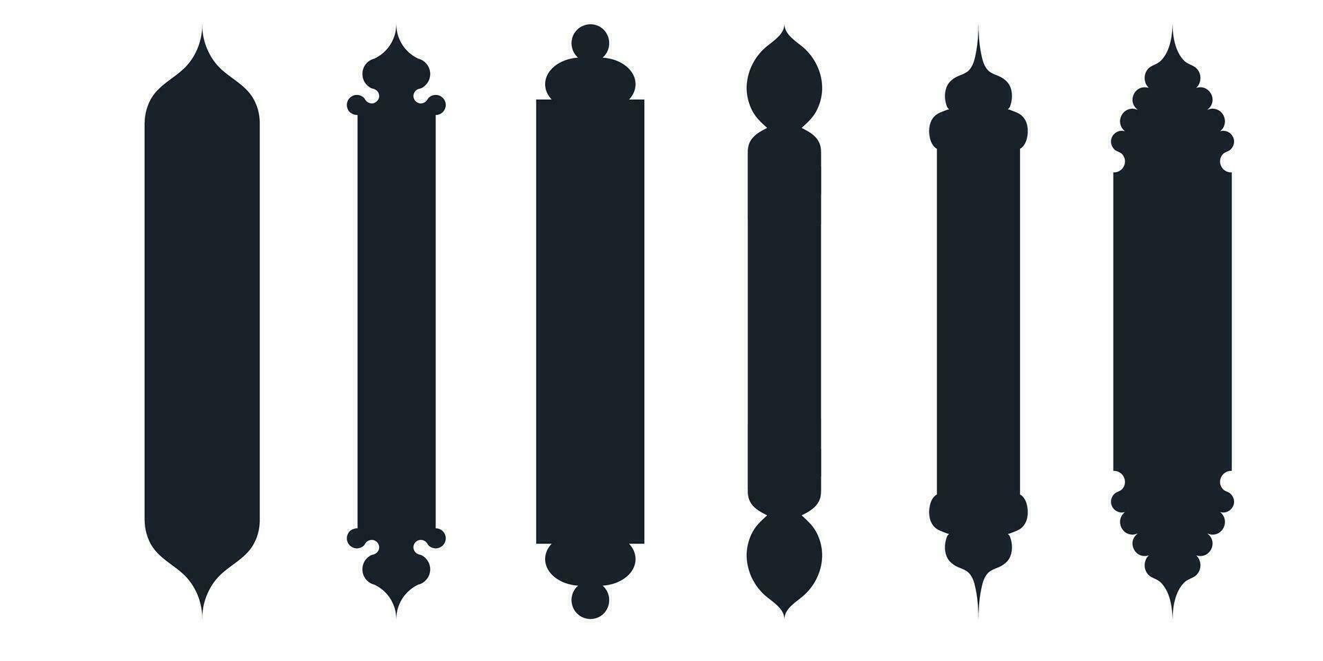 Collection of arabian oriental windows, arches and doors. Modern design in black for frames, patterns Mosque dome and lanterns Islamic ramadan kareem and eid mubarak style. Vector illustration