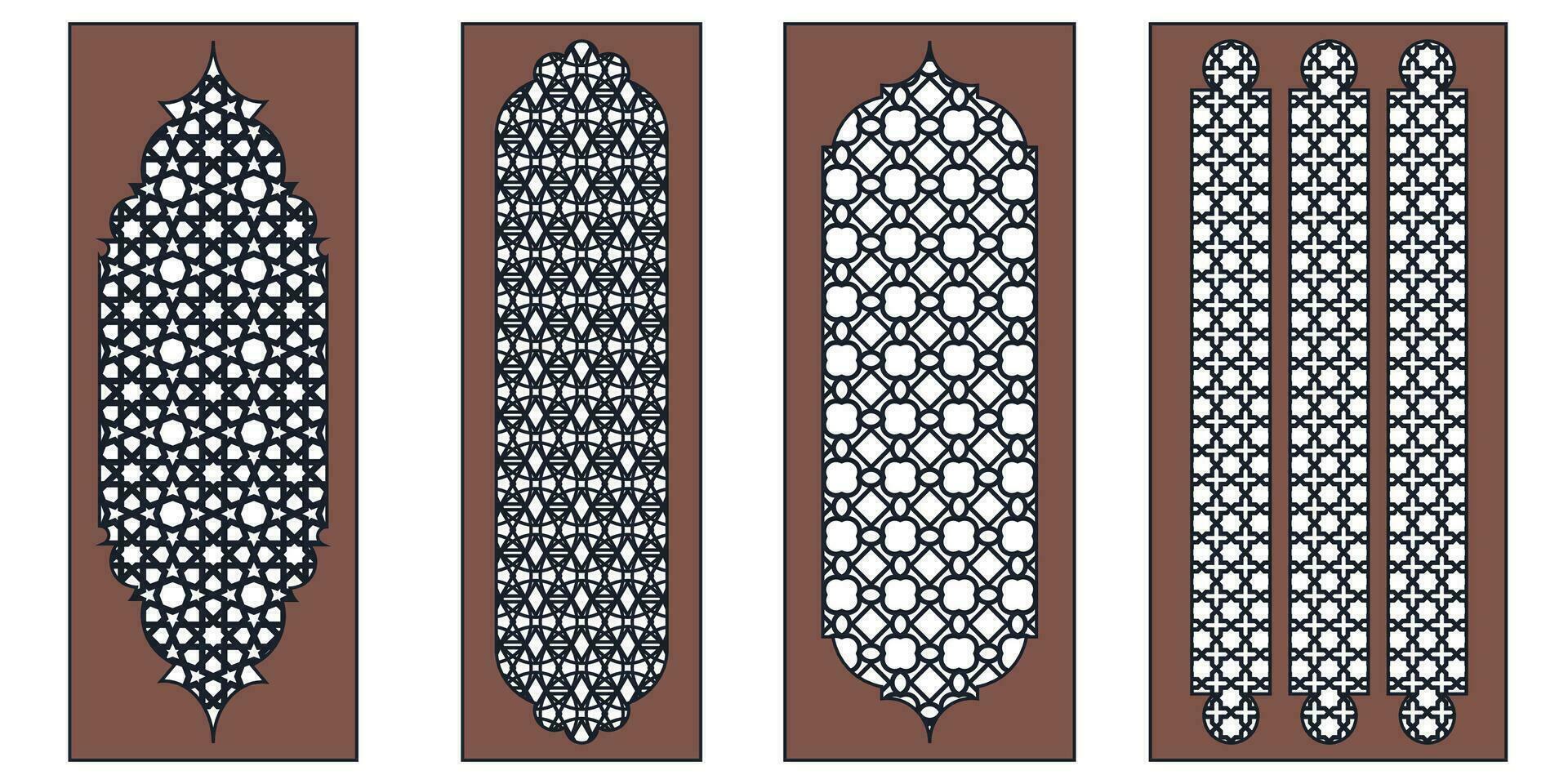 Collection of arabian oriental windows, arches and doors. Laser cut grill. Modern design in black fo frames Mosque dome and lanterns Islamic ramadan kareem and eid mubarak style. Vector illustration