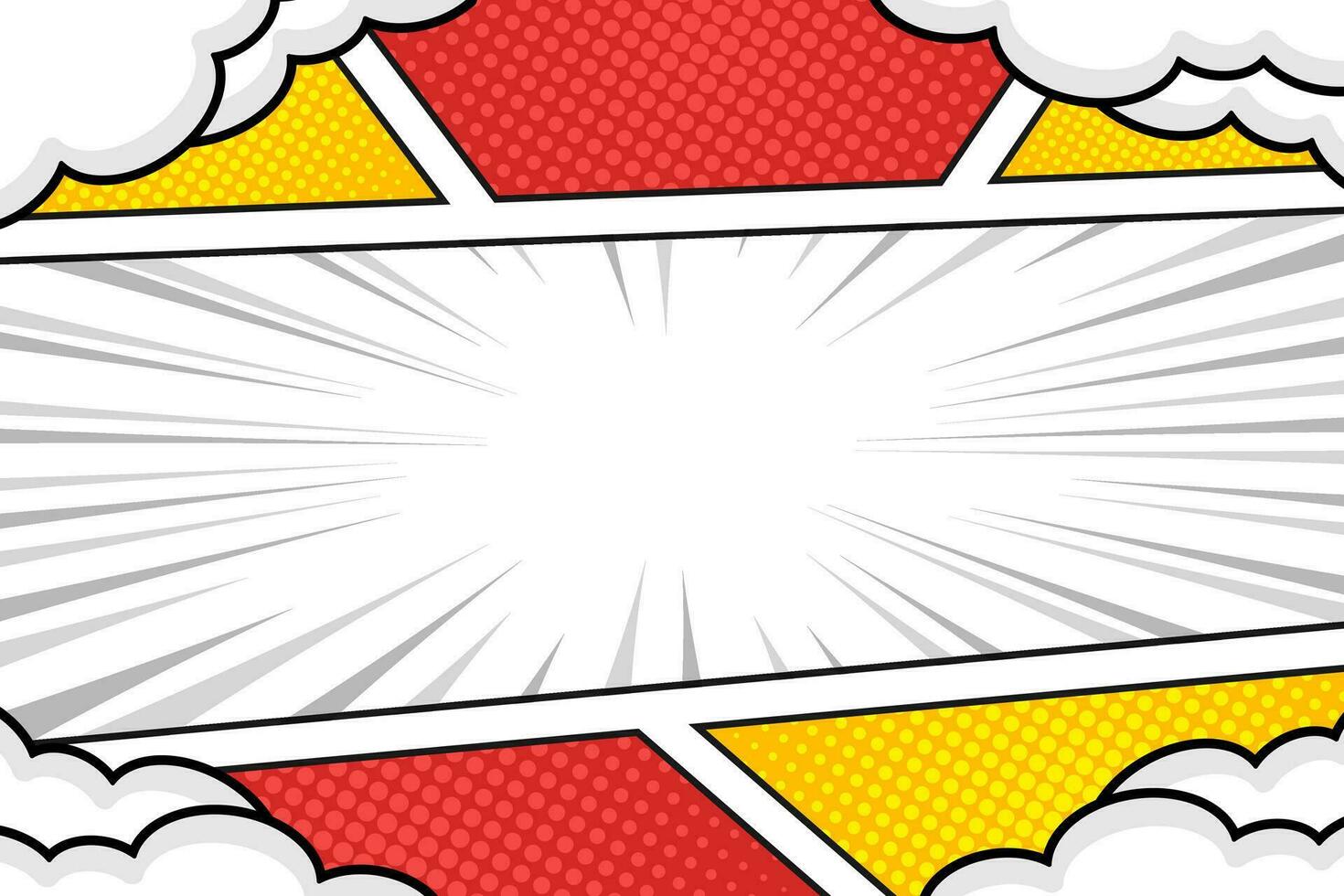 Red and yellow pop art comic book background with clouds vector