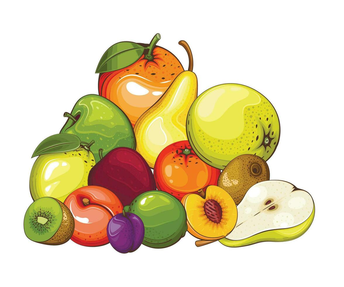 Fruit mix isolated vector illustration. Fruits colorful illustrations isolated on white background.  Fruit collection.