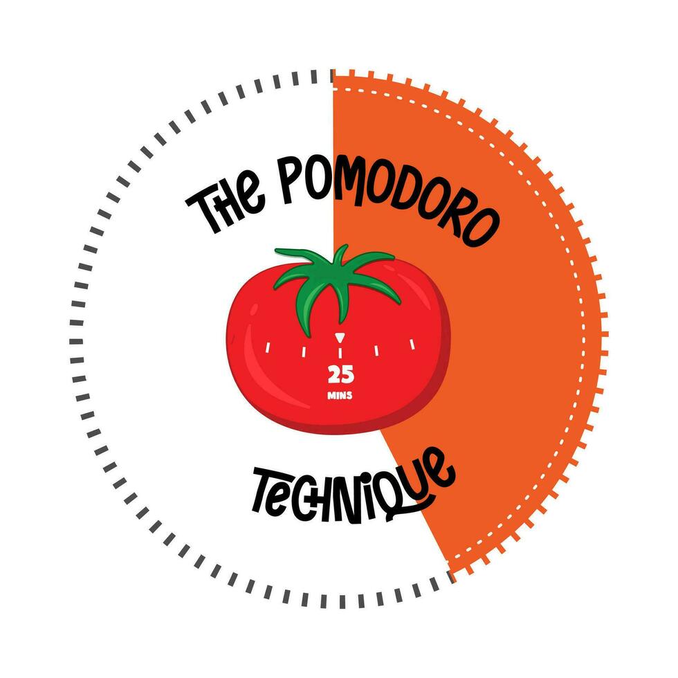 pomodoro technique, Kitchen clock in  red tomato. Increase work productivity. 25mins work 5mins rest. Vector illustration cartoon flat style.