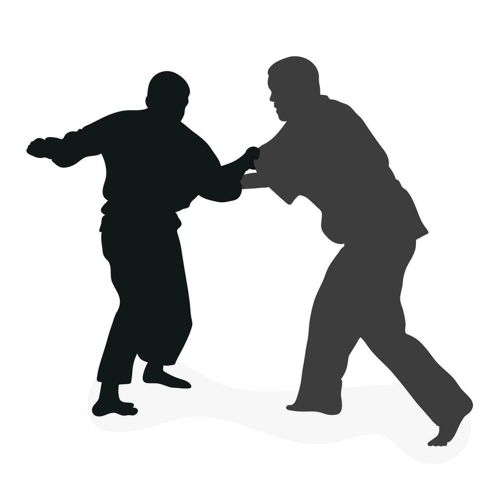 Image silhouette judoka. Judo, martial art, sportsmanship, wrestling, duel, grappling, combating, fighting, struggle vector