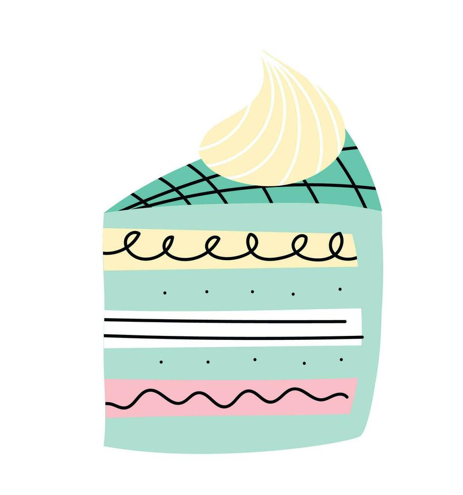Hand drawn piece of green decorative cake on a white background. Naive vector illustration. Vector for postcards and stickers.