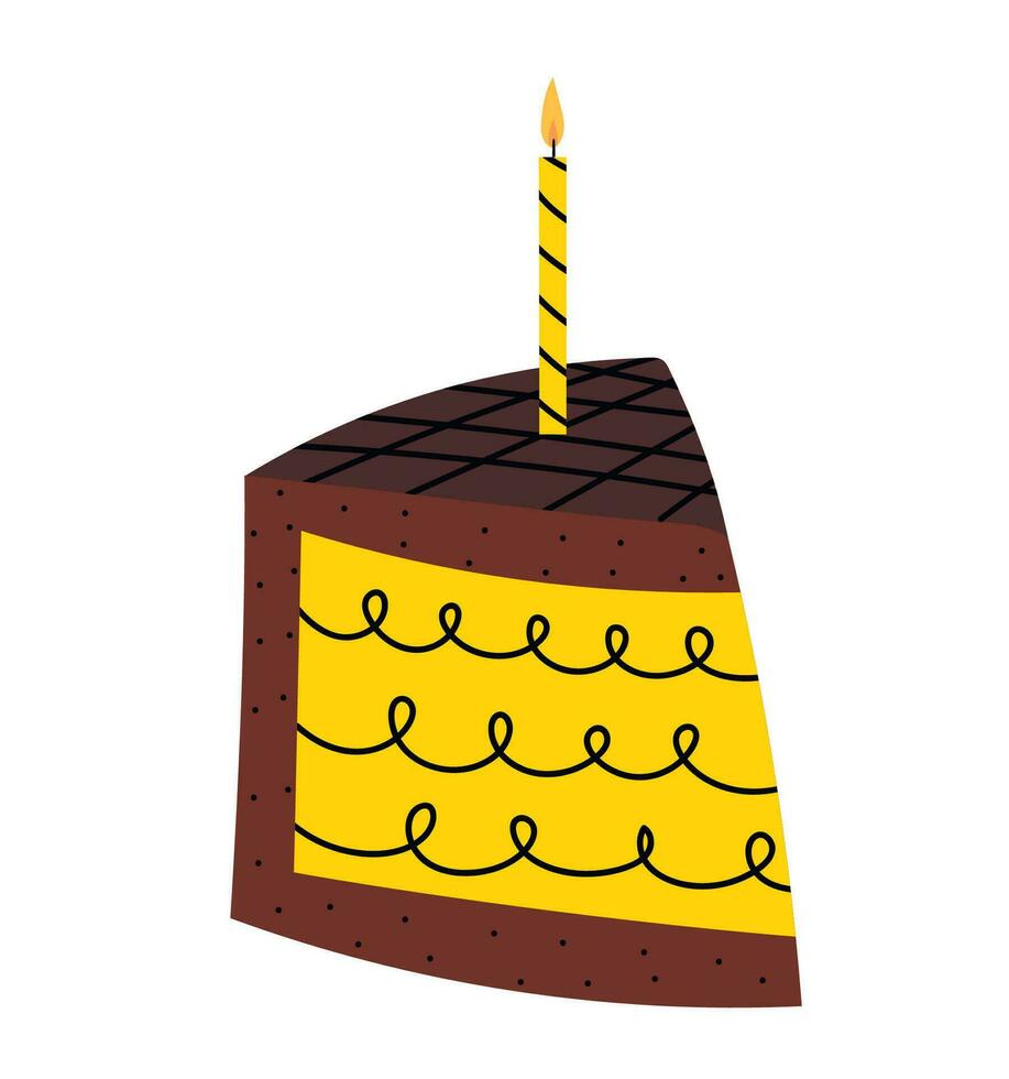 Piece of chocolate cake isolated on white background. Vector for postcards and stickers. Decorative hand drawn piece of chocolate Birthday cake with yellow candle on a white background.