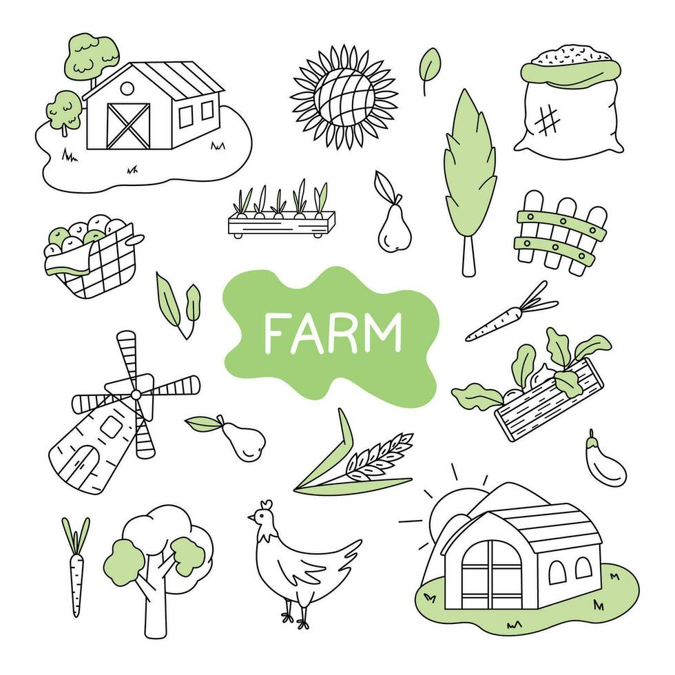 Set of vector farm illustration in doodle style.