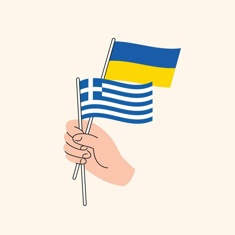 Cartoon Hand Holding Ukrainian And Greek Flags. Ukraine and Greece Relations vector