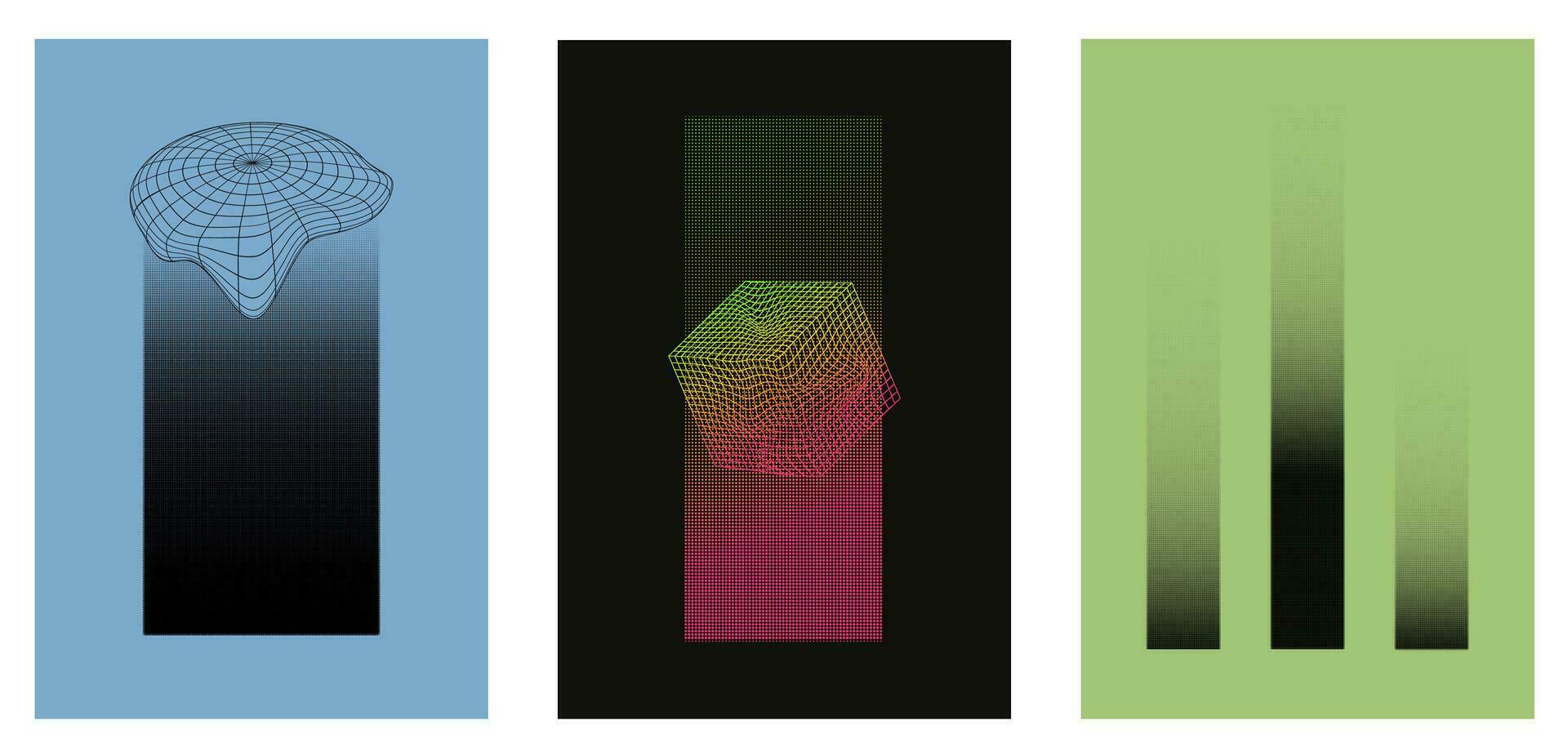 Set of abstract posters with 3d shapes and halftone. Black halftone, gradient. Cube, acid colors, rave. vector