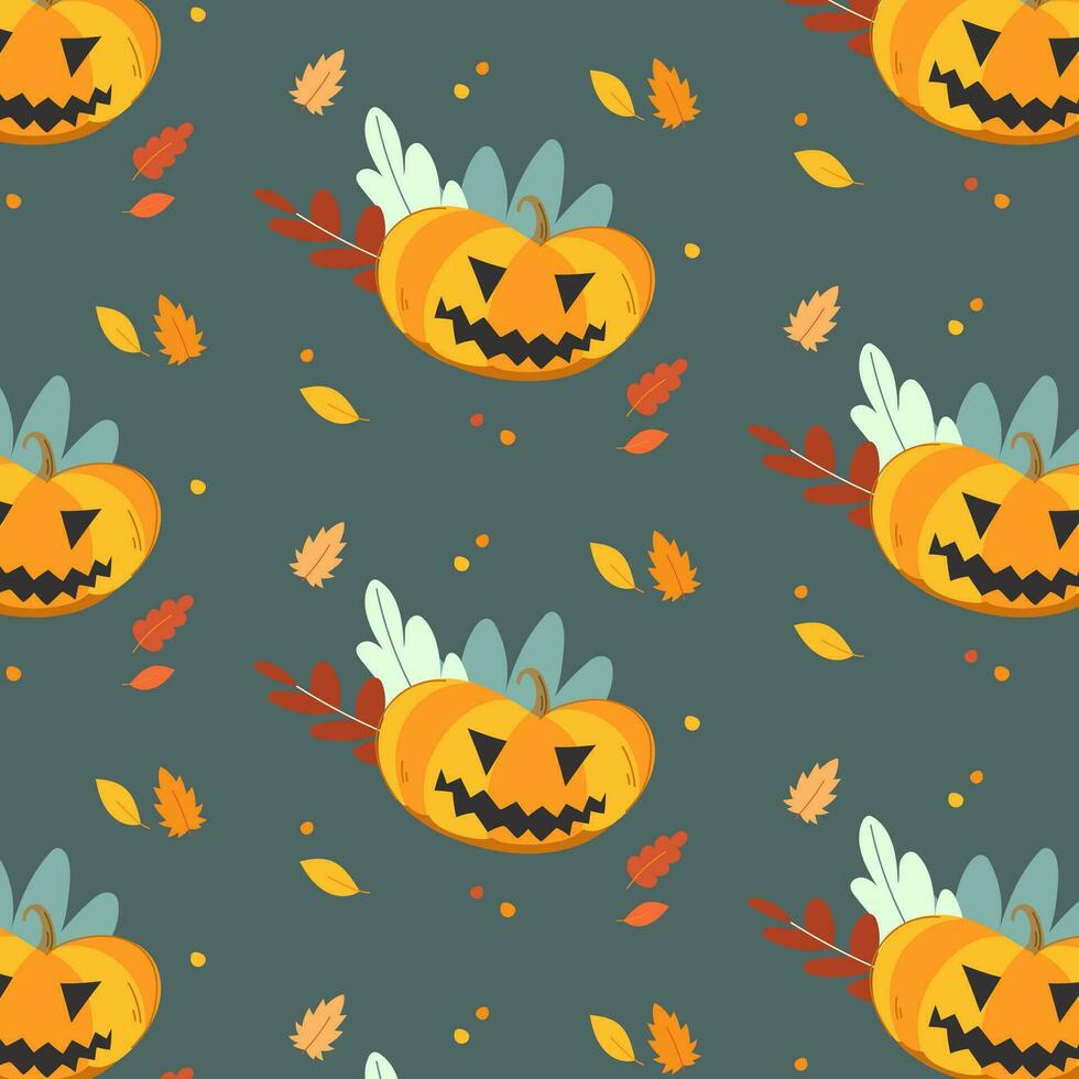 Seamless vector Halloween pattern with jack o lantern and autumn leaves on the grey background.