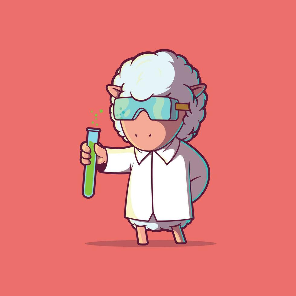 Sheep dressed in a lab coat holding a lab tube vector illustration. Science, medical, and brand design concepts.