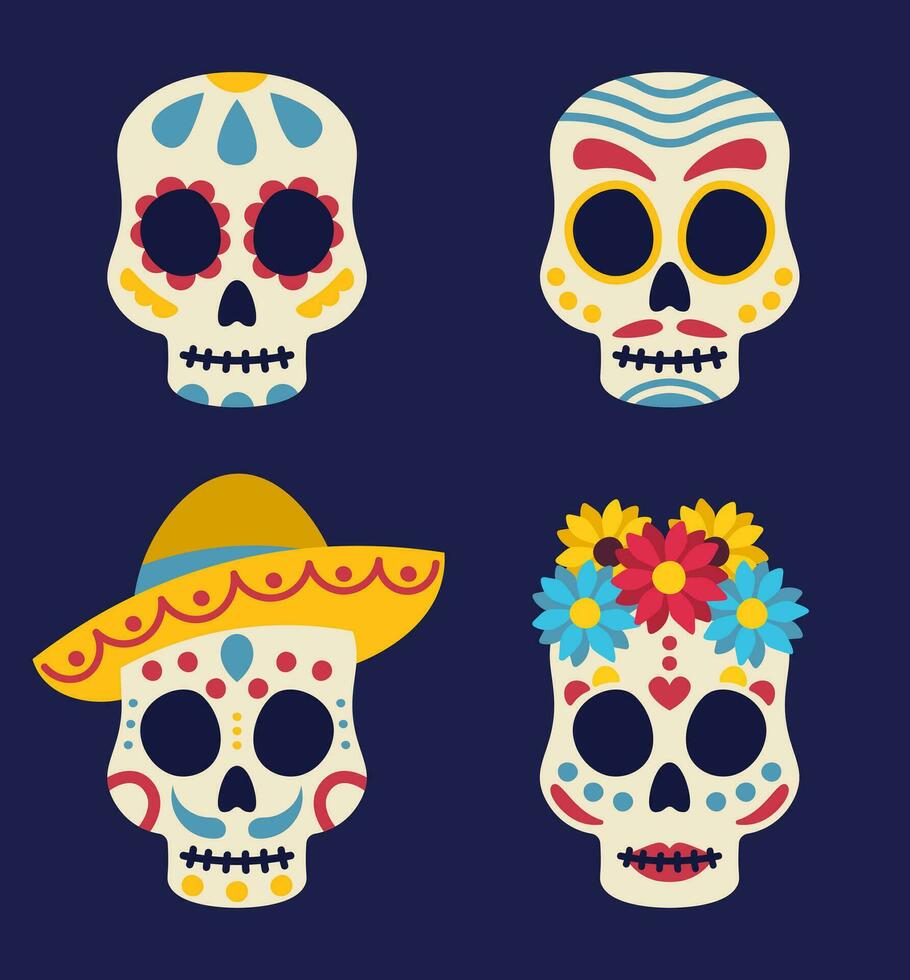 Day Of The Dead Decoration. Set Of Mexican Skulls. Vector Flat Illustration
