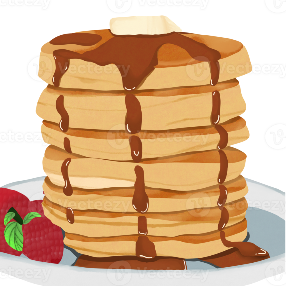 Pancakes with syrup and fresh raspberries on the side png