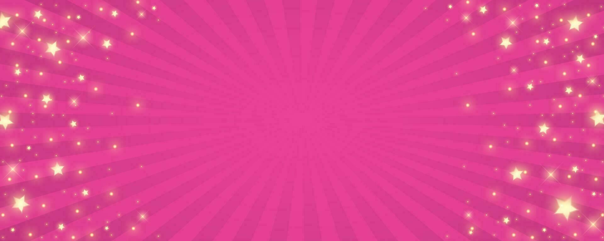 Sunburst pink background. Cartoon radial light backdrop. Retro comic pattern with rays and sparkles and stars. Vector wallpaper