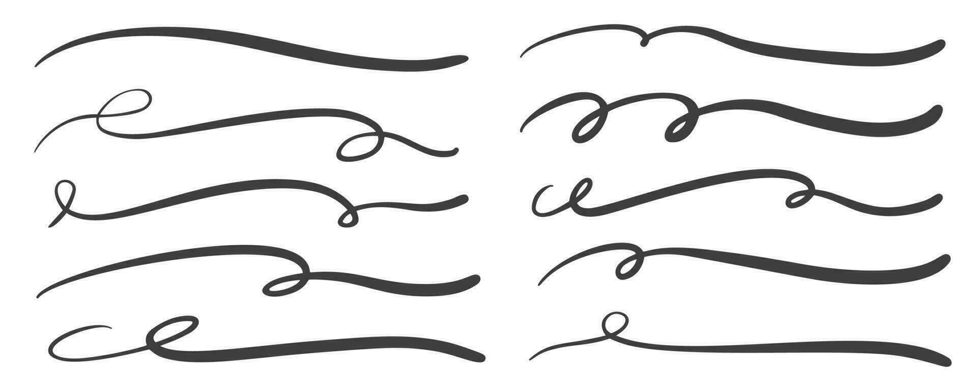 Swashes swoops and swishes calligraphy signs. Underlines hand drawn strokes. Vector symbols set.