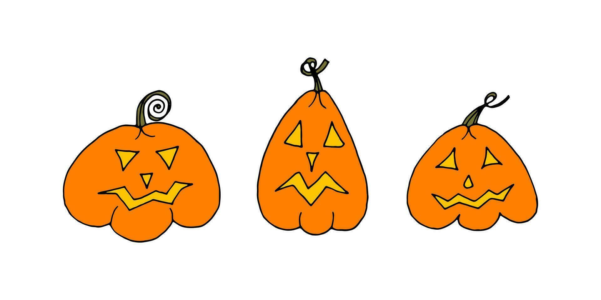 Doodle cartoon pumpkin lanterns with glowing eyes and mouths for Halloween. Vector illustration elements for the design of postcards, flyers, websites and blogs