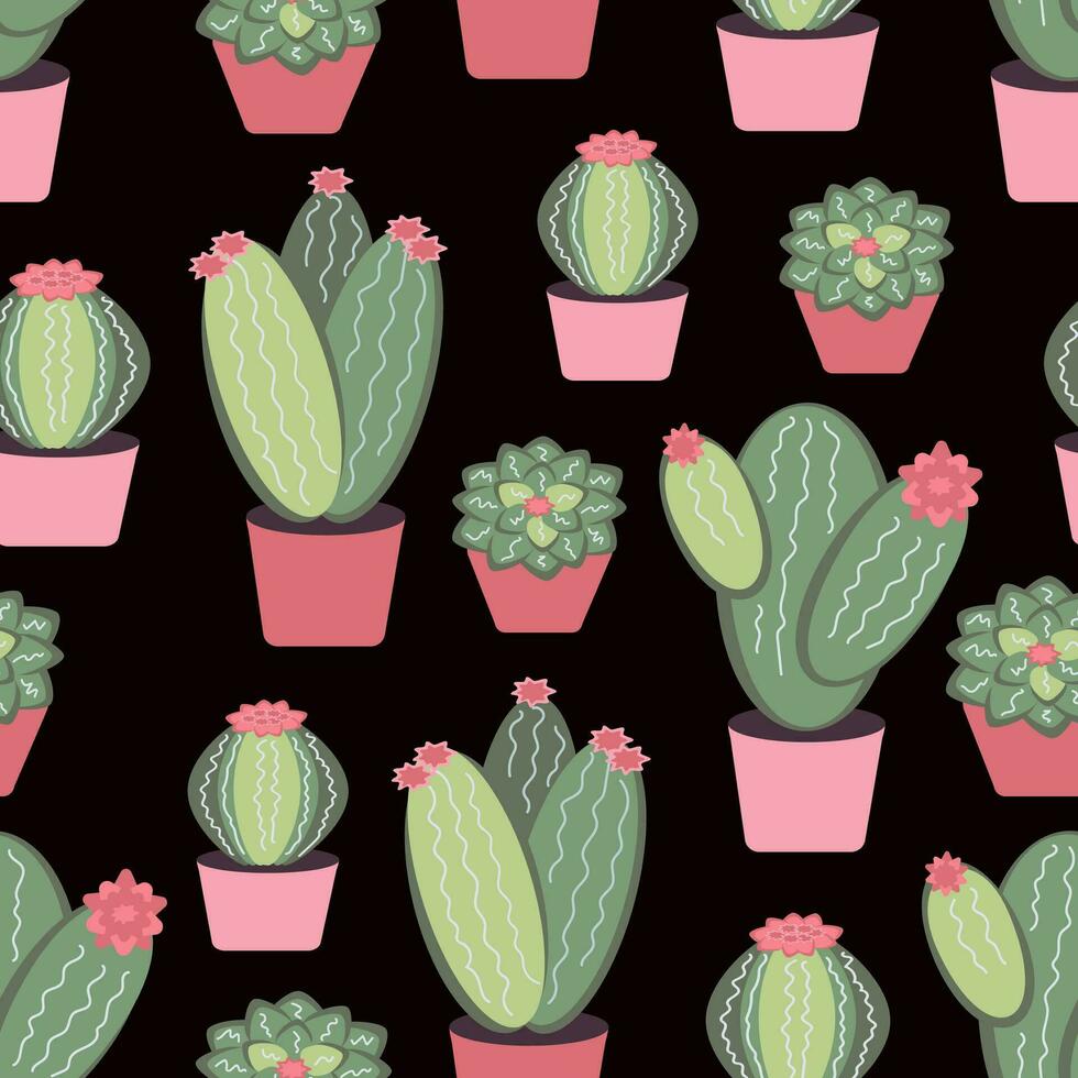 Seamless pattern indoor cartoon cactus succulents of different shapes on black background. Houseplants in pots. Vector illustration.