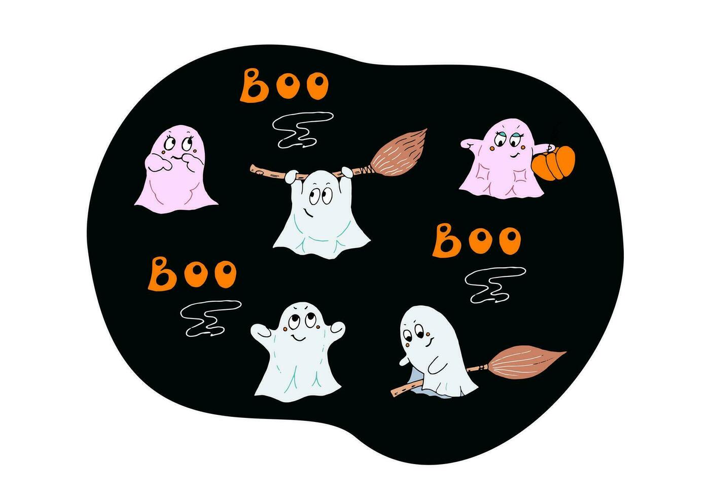 Doodle cartoon set of funny cute ghosts. Holiday Halloween. Vector illustration