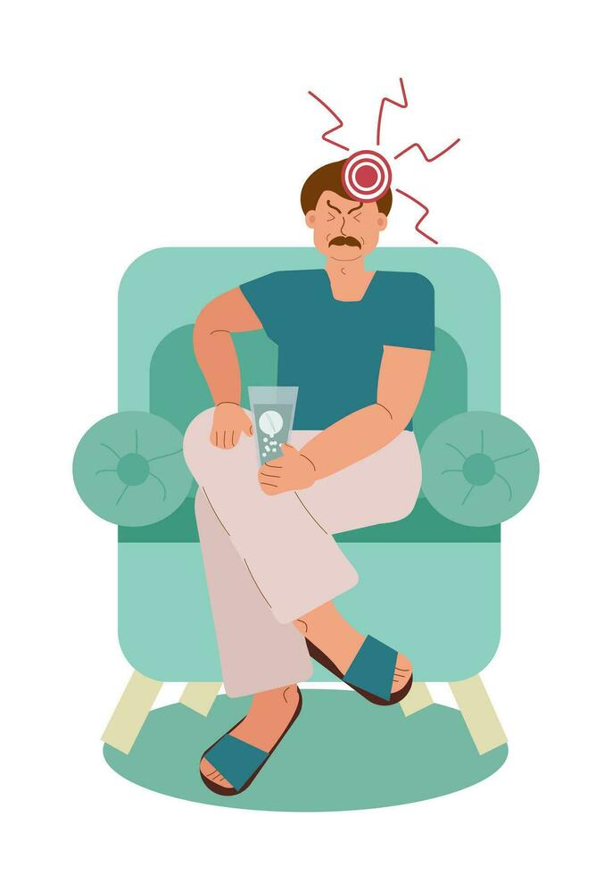 el hombre es sufrimiento desde un dolor de cabeza. un hombre con un dolor de cabeza se sienta en un silla y sostiene un vaso de analgésicos en su mano. vector ilustración.