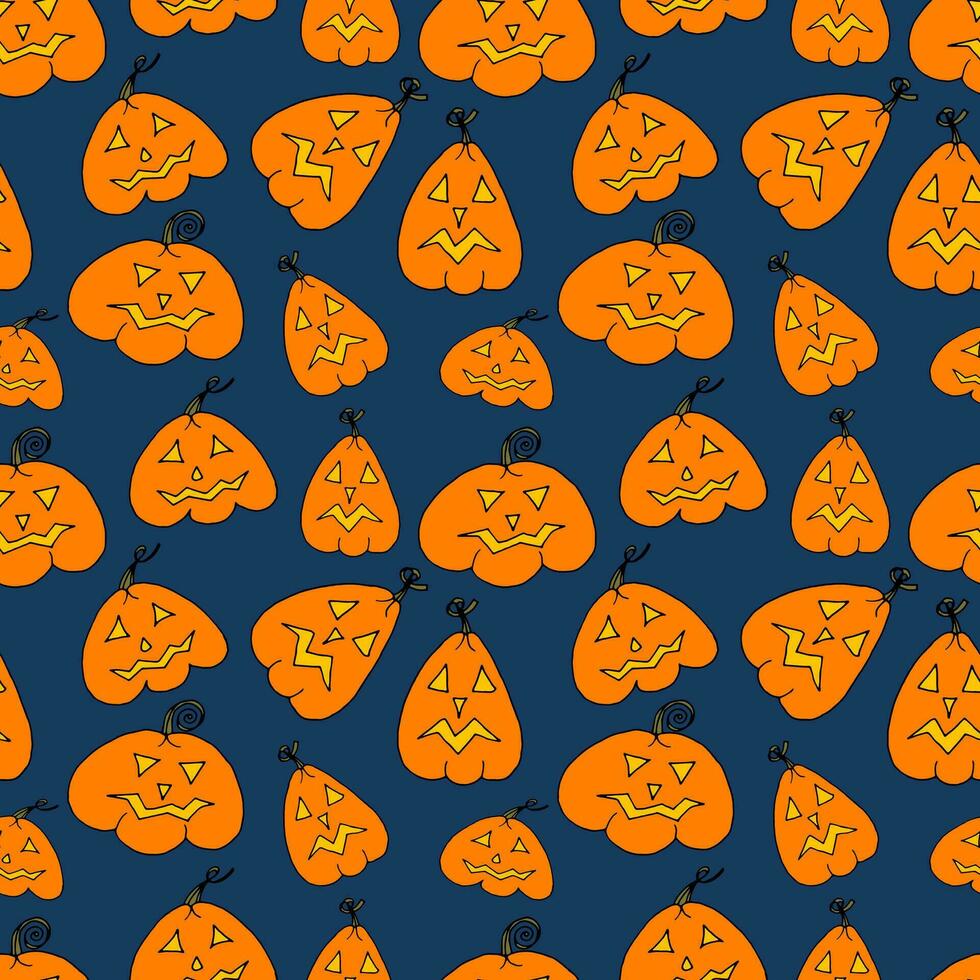 Seamless pattern doodle cartoon pumpkin lanterns with glowing eyes and mouths for Halloweenon dark bue background. Vector illustration for for packaging, textiles, wallpapers, web design