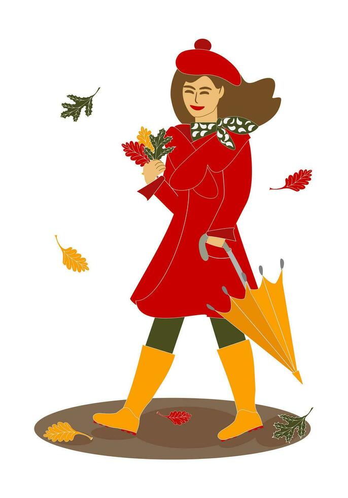 un joven sonriente mujer con un ramo de flores de otoño hojas y un doblada paraguas en un calentar abrigo, boina y botas camina. otoño caminar, vector ilustración