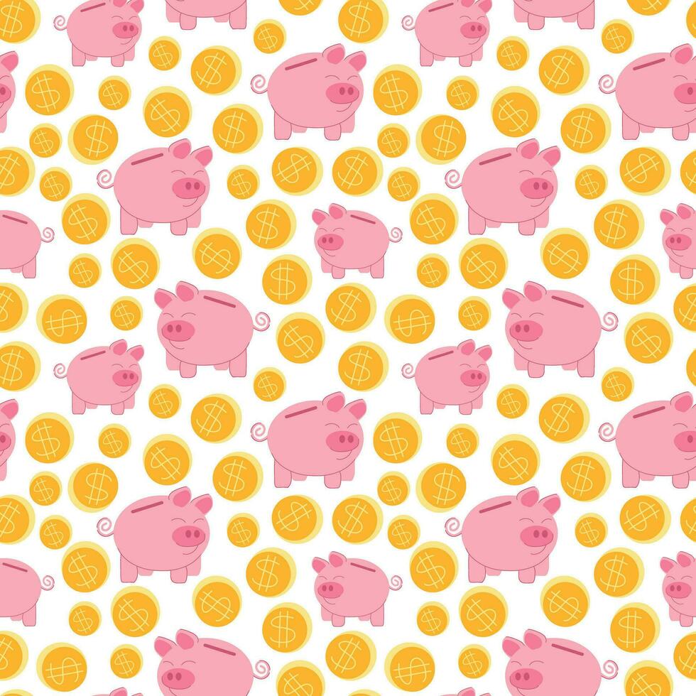Seamless pattern piggy bank for money funny pig with gold coins with dollar sign. Vector illustration
