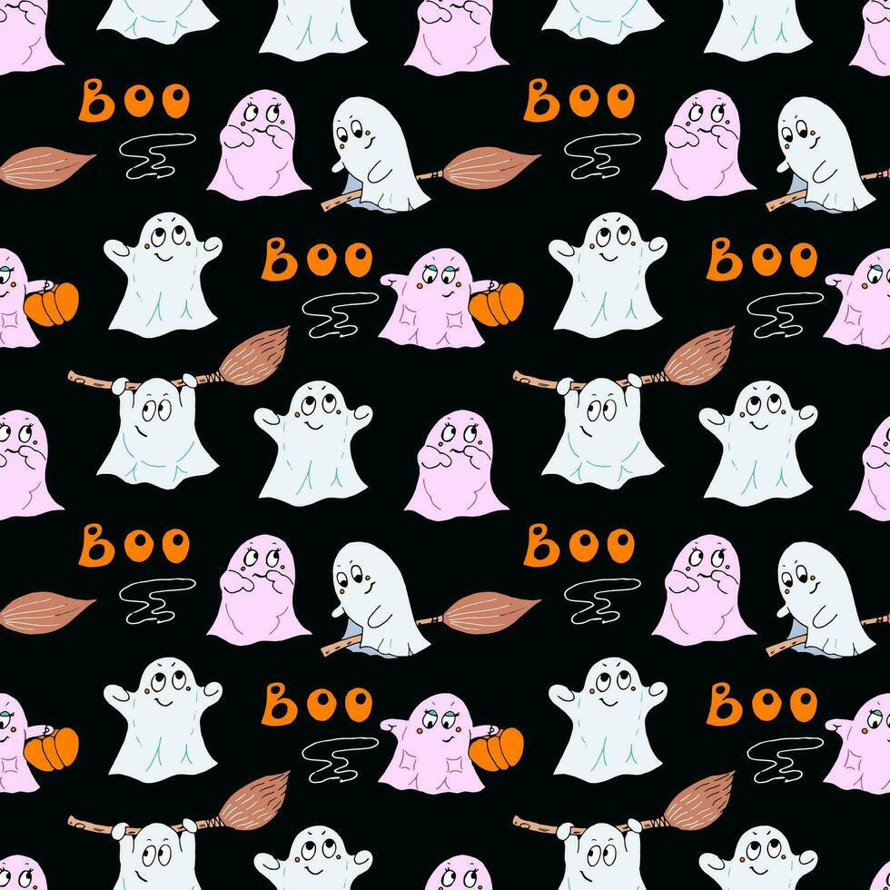 Seamless pattern doodle cartoon funny cute ghosts on black background. Holiday Halloween. Vector illustration for packaging, textile, web design
