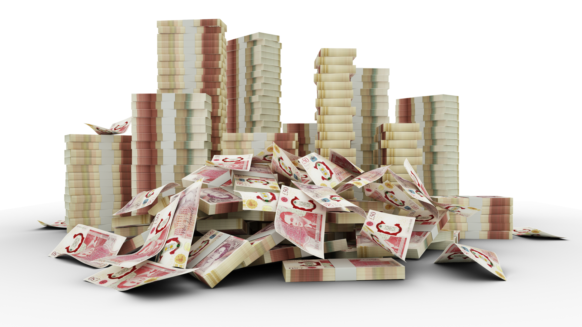 Big Stacks Of 50 British Pounds Sterling Notes A Lot Of Money Isolated 