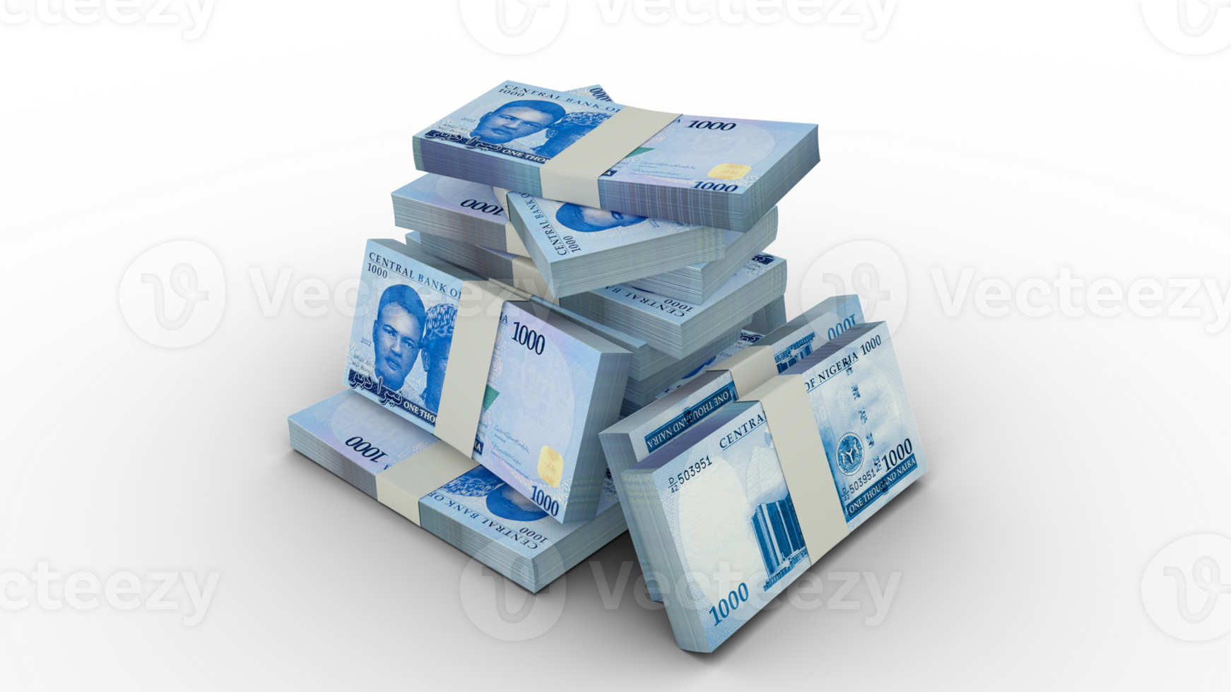 3d rendering of Stacks of 1000 Nigerian Naira notes. bundles of Nigerian currency notes isolated on transparent background png